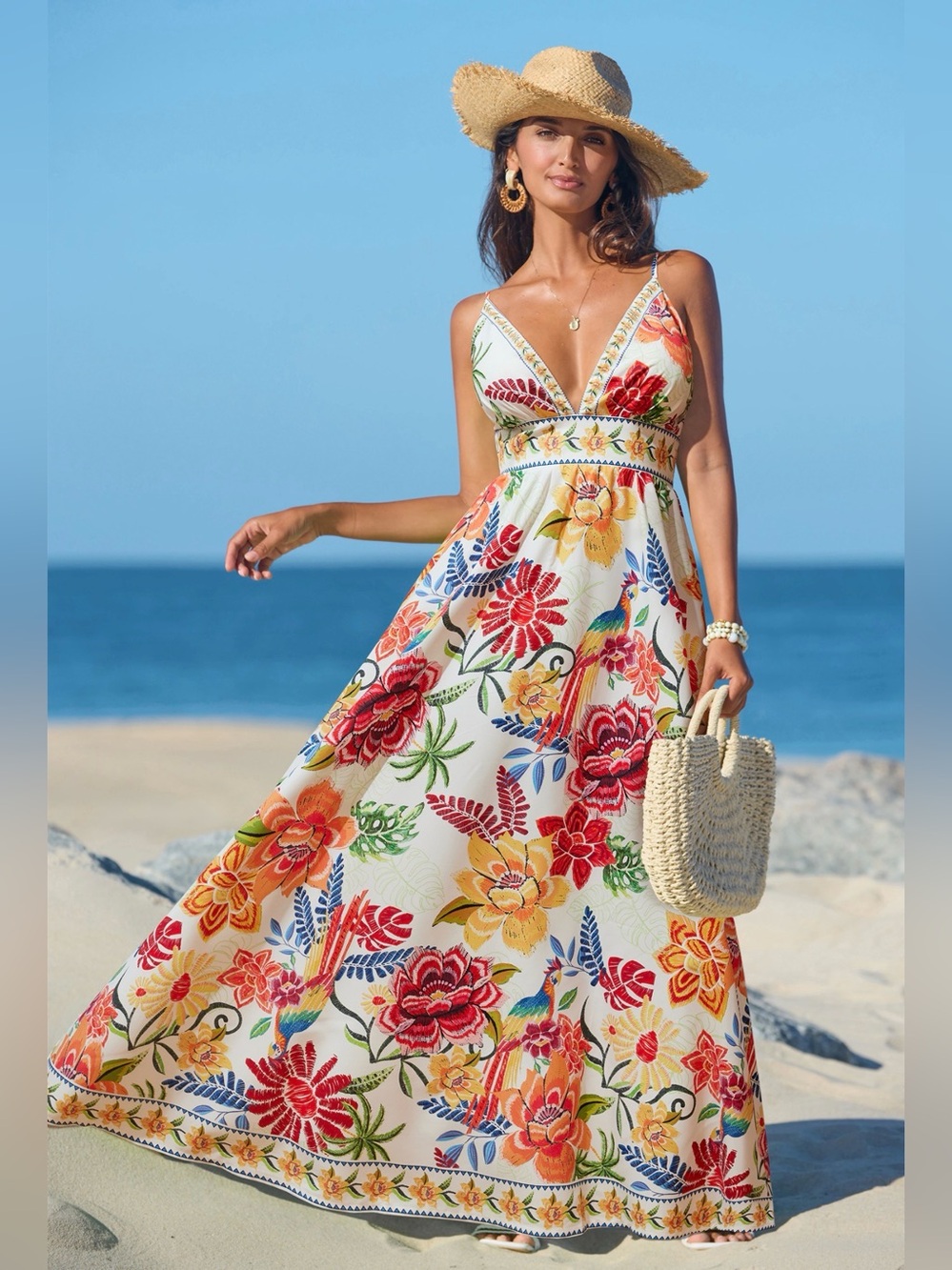 White Floral Plunging Oasis Tropical Maxi Dress